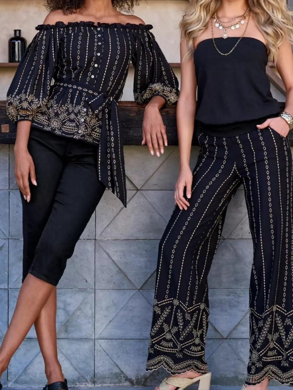 Boston Proper Black Wide-Leg Pants with Gold Metallic Eyelet Trim